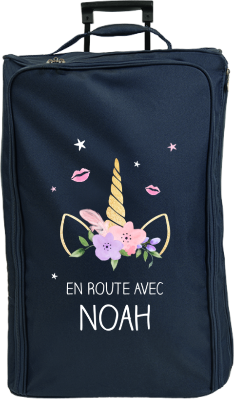 Valise à roulettes avec coiffe de licorne, bisous et étoiles