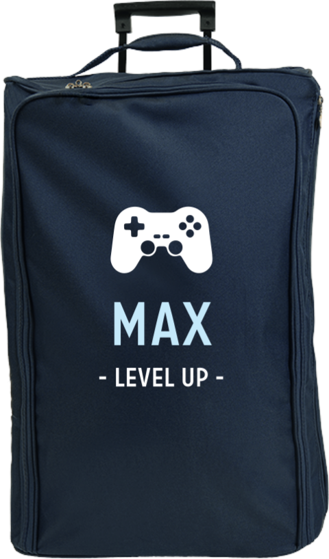 Valise à roulettes avec manette de jeux, message et prénom