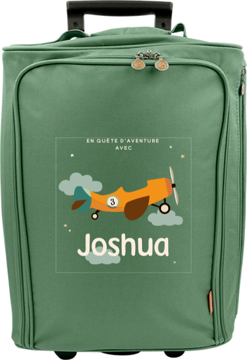 Valise à roulettes avec avion dans les nuages, message et prénom