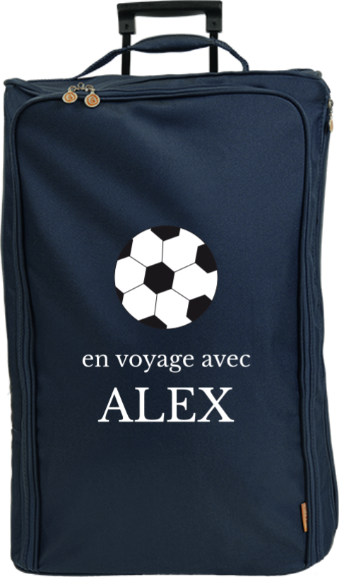 Valise à roulettes avec message, prénom et ballon de foot