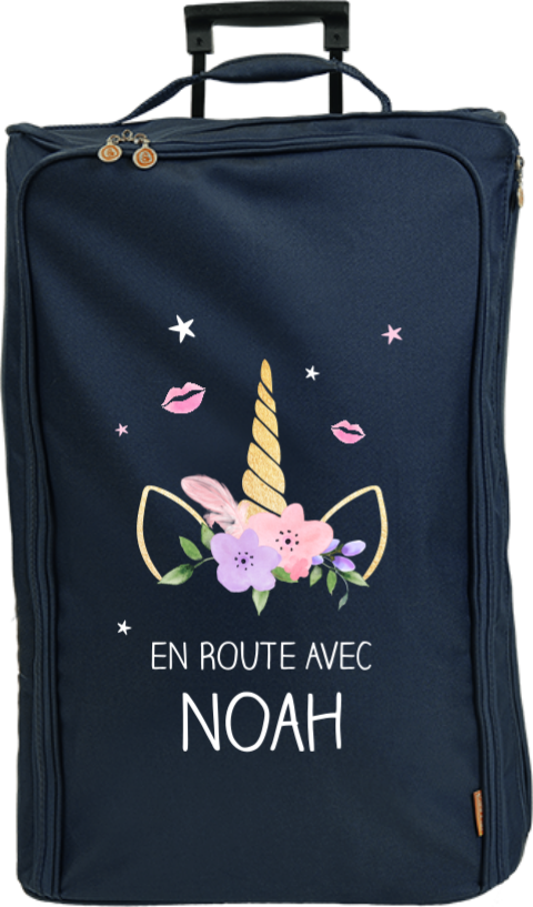 Valise à roulettes avec coiffe de licorne, bisous et étoiles
