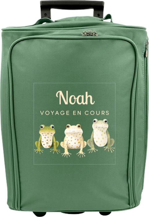Valise à roulettes avec trois grenouilles, message et prénom