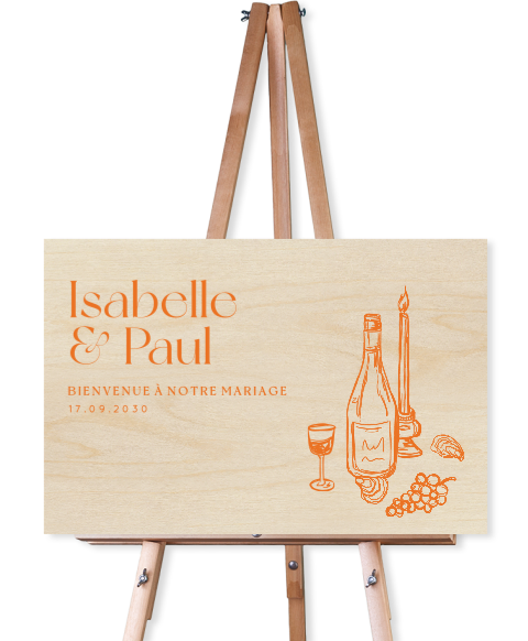 Panneau de bienvenue en bois pour mariage – illustration tendance orange