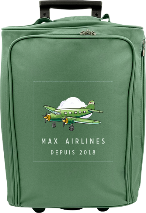 Valise à roulettes avec avion vert en vol, prénom et message