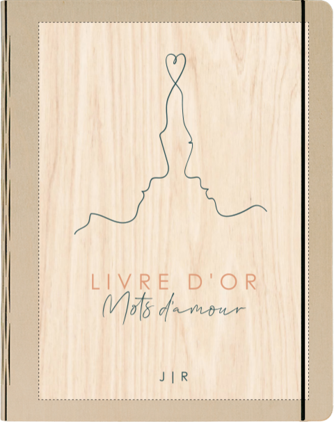 Livre d'or en bois avec dessin au trait et cœur