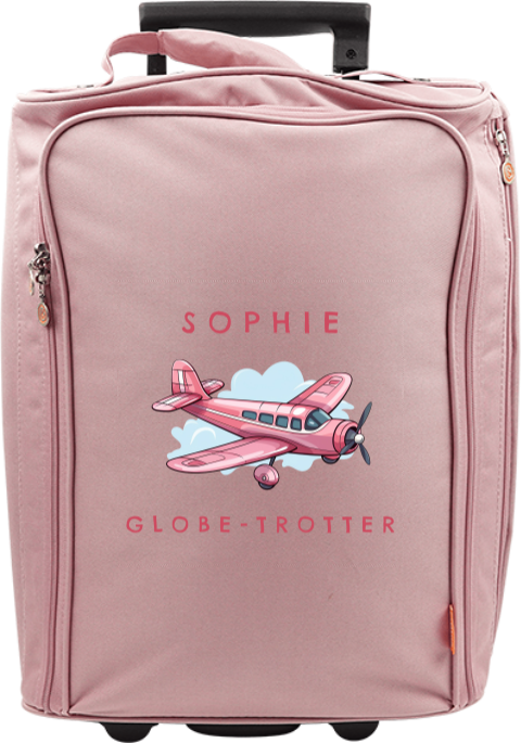 Valise à roulettes avec avion rose, prénom et message