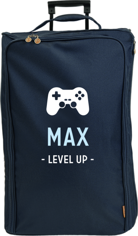 Valise à roulettes avec manette de jeux, message et prénom