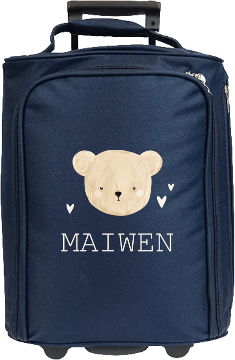 Valise à roulette avec tête d'ourson, coeurs et prénom