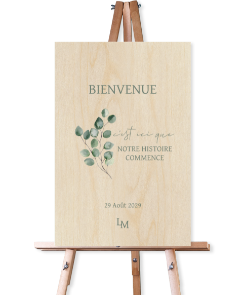 Panneau de bienvenue, message à personnaliser et eucalyptus