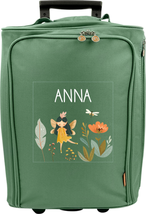 Valise à roulettes avec fée, libellule et fleurs