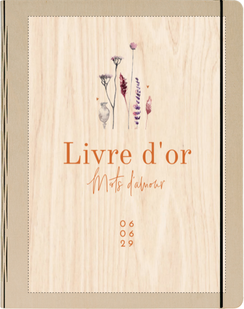 Livre d'or en bois avec texte orange et fleurs d'aquarelle