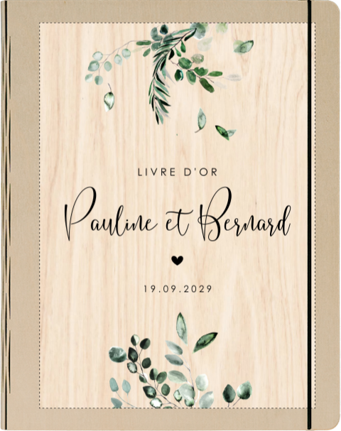 Livre d'or en bois avec feuilles d'eucalyptus et cœur