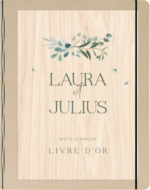 Livre d'or en bois tendance avec typographie élégante et eucalyptus