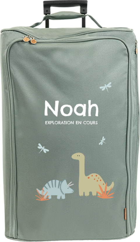 Valise à roulettes avec message, prénom et dinosaures