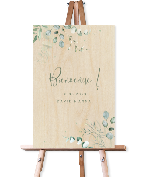 Panneau de bienvenue, eucalyptus et message à personnaliser