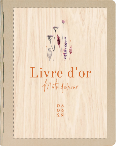 Livre d'or en bois avec texte orange et fleurs d'aquarelle