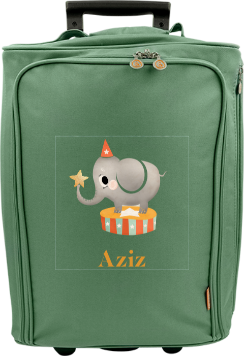 Valise à roulettes avec éléphant, chapeau et étoile sur la trompe