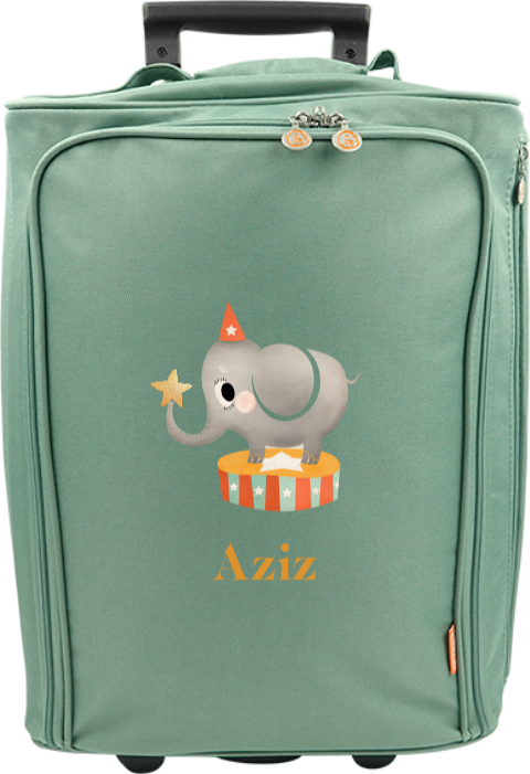 Valise à roulettes avec éléphant, chapeau et étoile sur la trompe