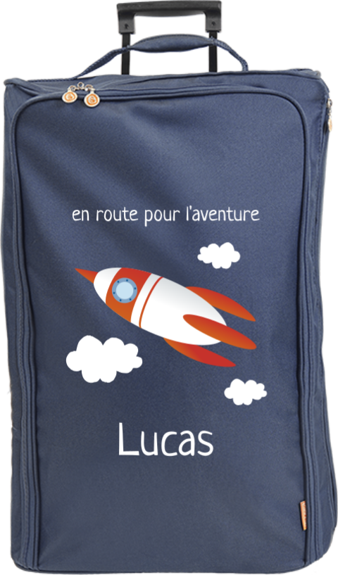 Valise à roulettes avec fusée, message et prénom
