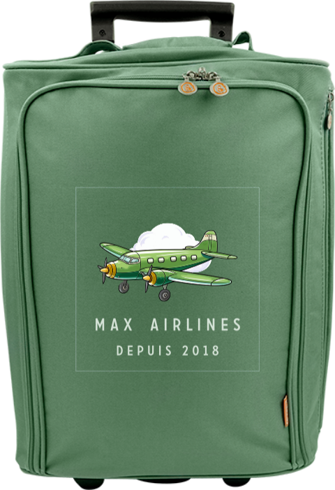Valise à roulettes avec avion vert en vol, prénom et message