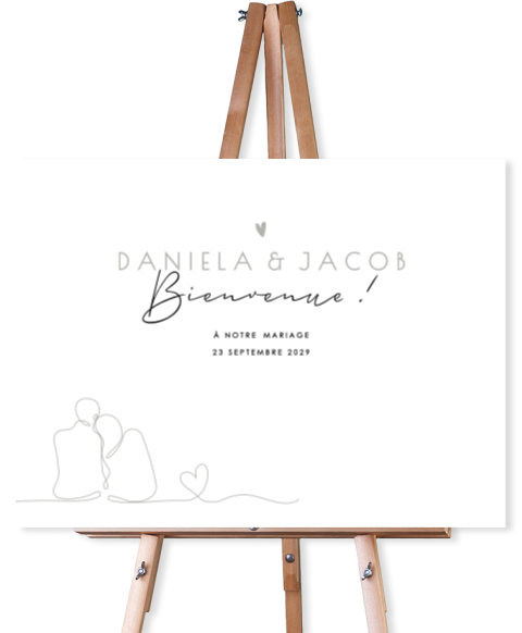 Panneau de bienvenue mariage avec dessin couple amoureux et coeur