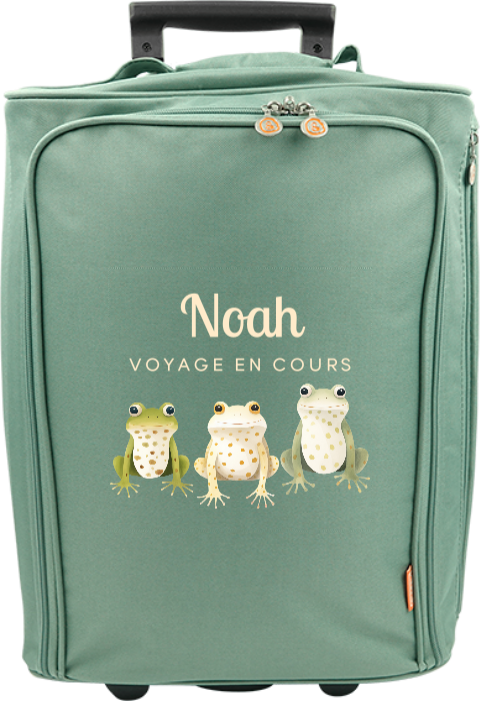Valise à roulettes avec trois grenouilles, message et prénom