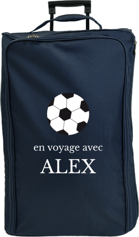 Valise à roulettes avec message, prénom et ballon de foot