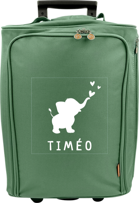 Valise à roulettes avec éléphant soufflant des coeurs et prénom