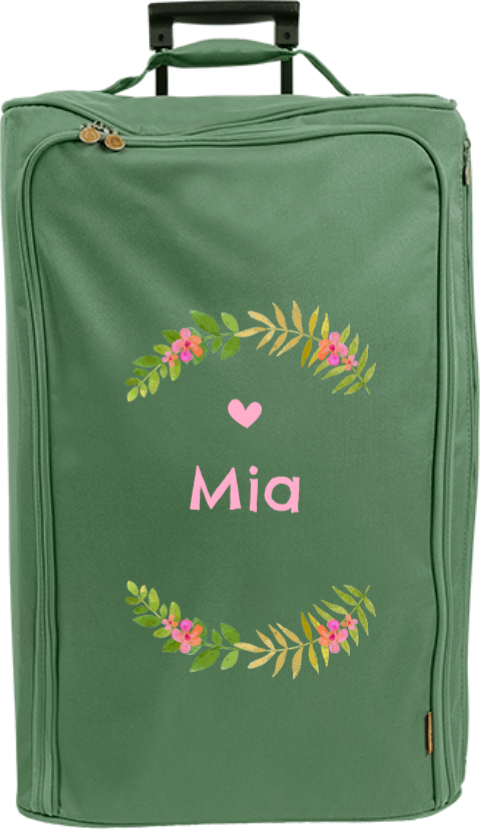 Valise à roulettes avec couronne de fleurs et prénom