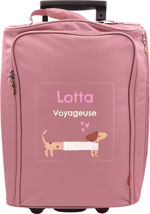 Valise à roulettes avec chien portant un pull, message et prénom