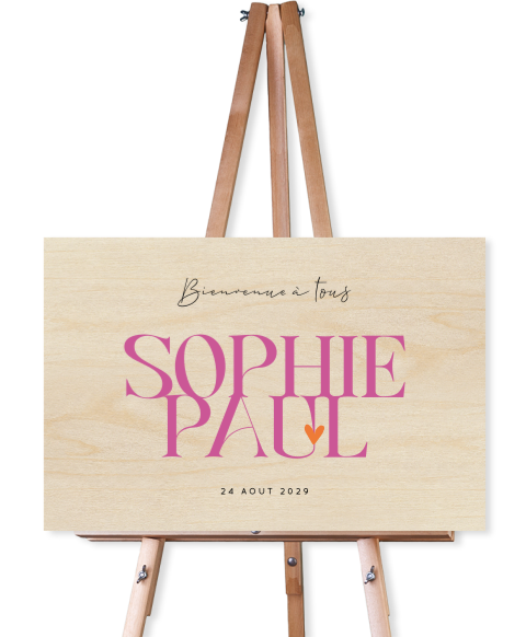 Panneau de bienvenue avec prénoms des mariés en rose