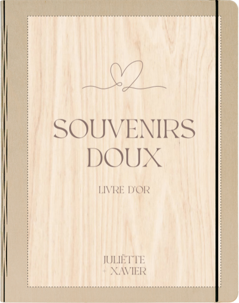 Livre d'or en bois avec typographie moderne et cœur marron