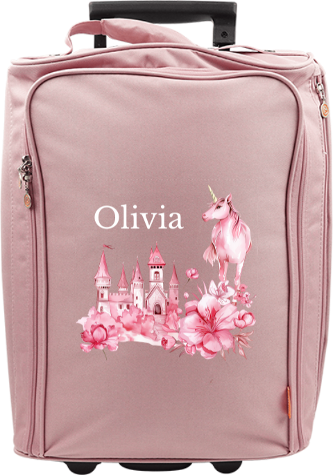 Valise à roulettes avec château rose, licorne et prénom