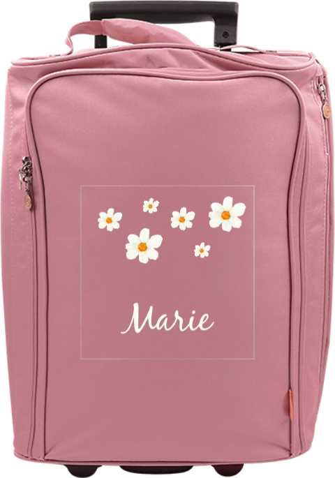 Valise à roulettes avec paquerettes et prénom de l'enfant