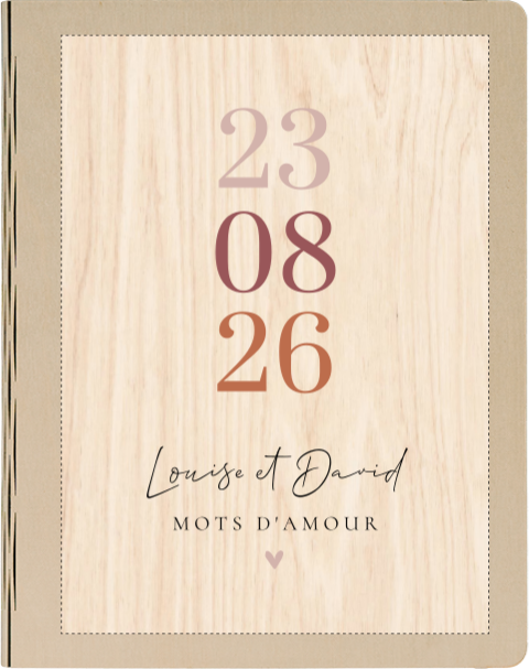 Livre d'or en bois avec date du mariage dans un effet rose ombré