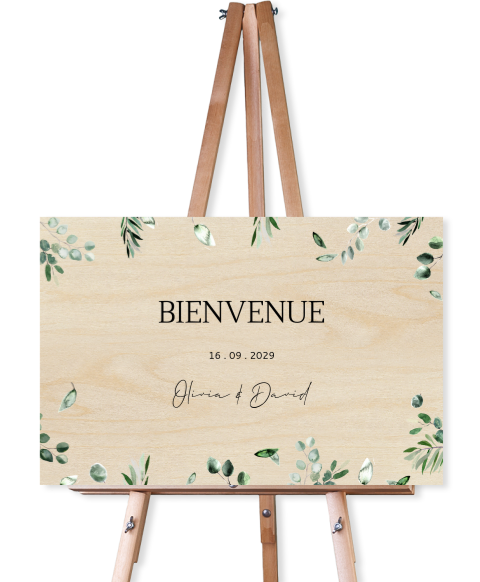 Panneau de bienvenue avec feuillages et message d'accueil