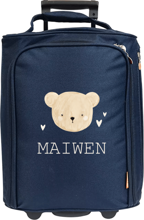 Valise à roulette avec tête d'ourson, coeurs et prénom