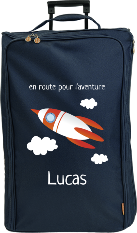 Valise à roulettes avec fusée, message et prénom