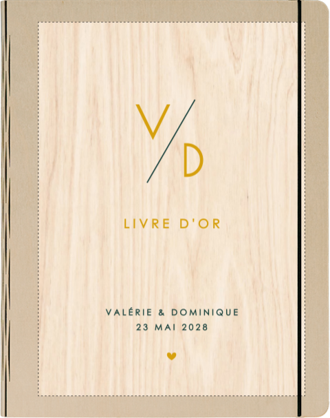Livre d'or en bois moderne avec initiales en jaune ocre