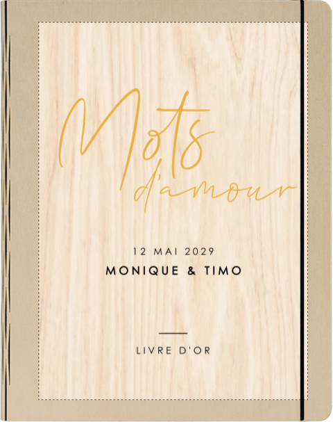 Livre d'or en bois moderne avec texte en jaune ocre