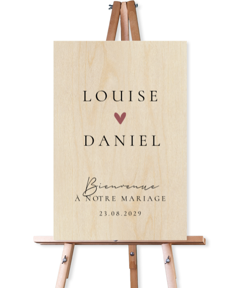 Panneau de bienvenue avec message, prénoms et coeur