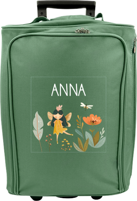 Valise à roulettes avec fée, libellule et fleurs