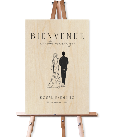 Panneau de bienvenue, avec illusatrion des mariés