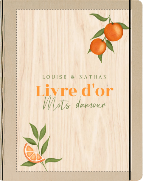 Livre d'or en bois tendance avec branches et oranges