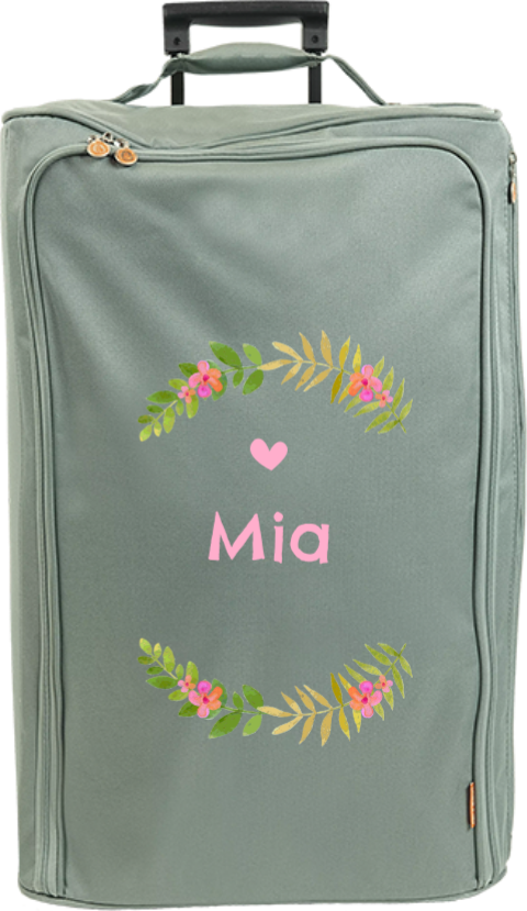 Valise à roulettes avec couronne de fleurs et prénom