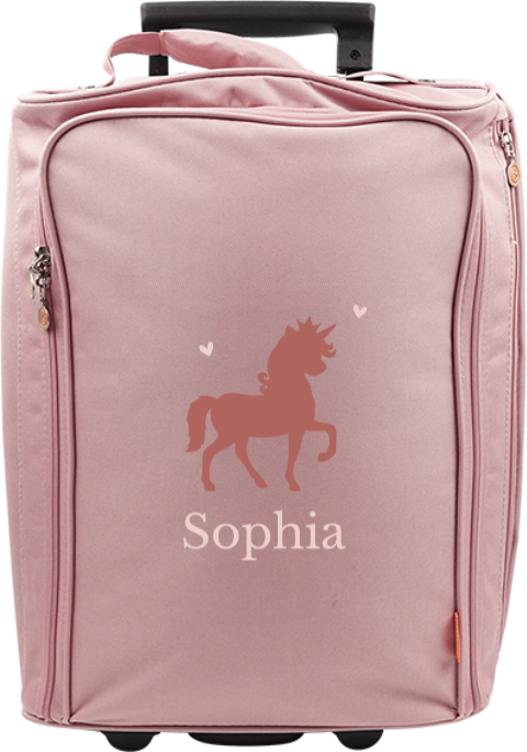 Valise à roulettes avec silhouette licorne, coeurs et prénom
