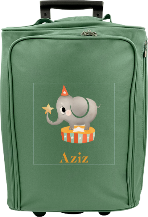 Valise à roulettes avec éléphant, chapeau et étoile sur la trompe