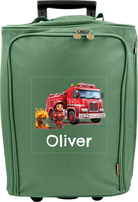 Valise à roulettes avec pompiers, camion de pompiers et prénom