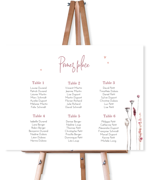 Plan de table mariage avec des fleurs des champs