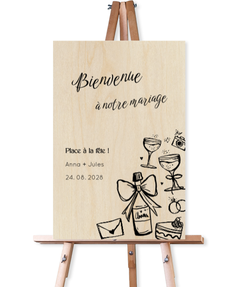 Panneau de bienvenue mariage avec illustrations doodle